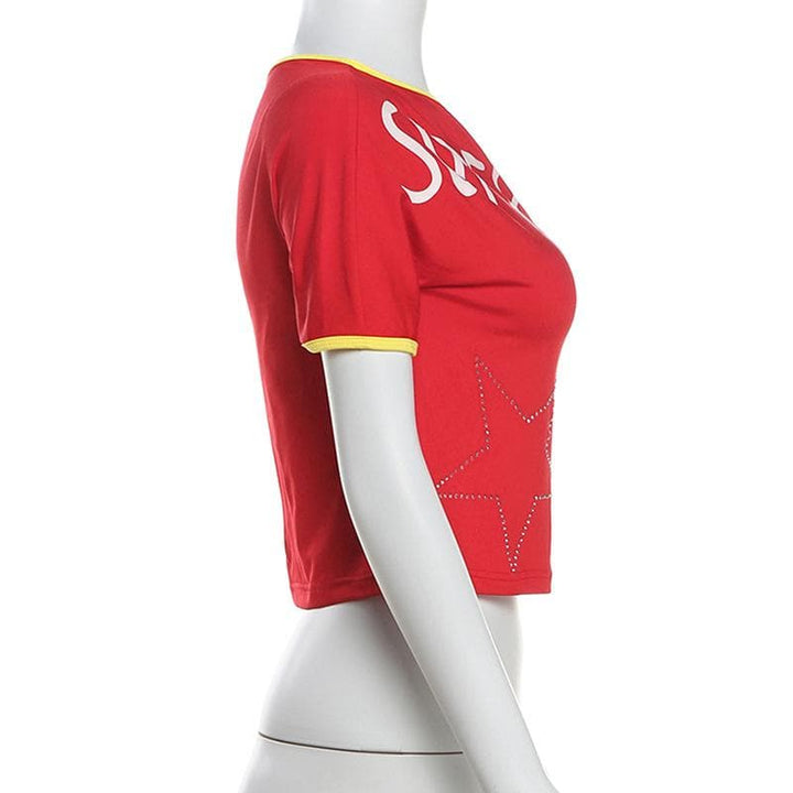 Short sleeve one shoulder “super star” print top  | Festival Outfits Women