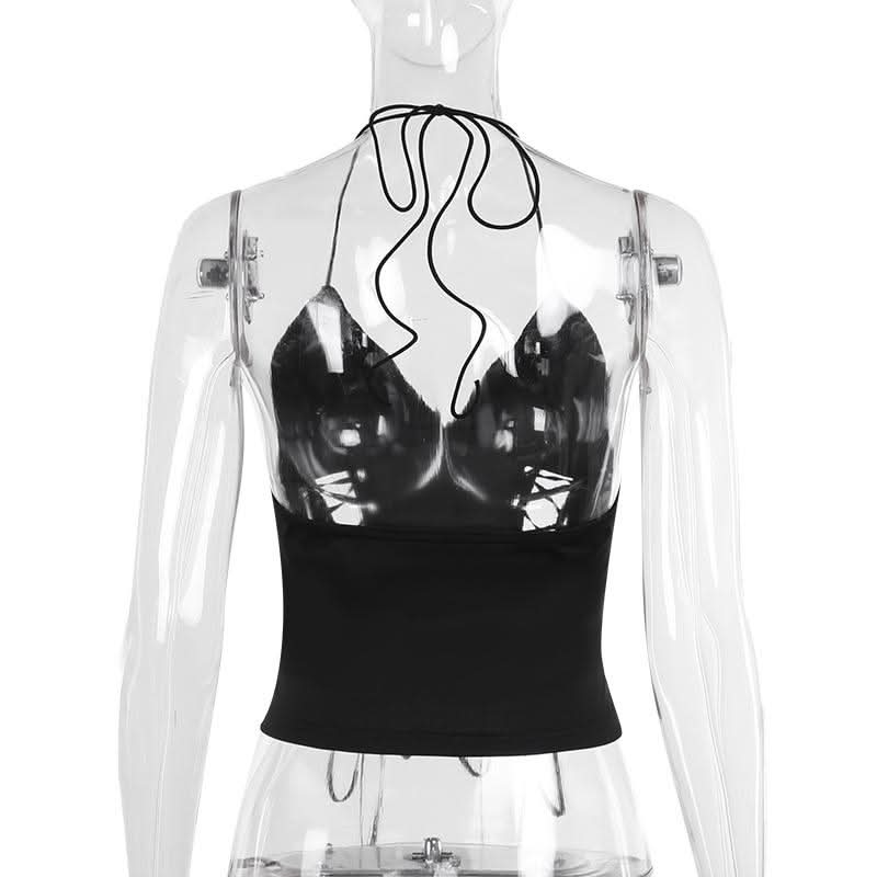 Halter self tie v neck lace up backless solid top  | Festival Outfits Women