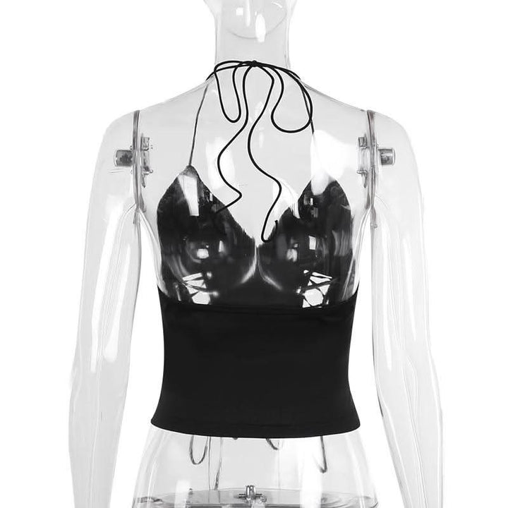 Halter self tie v neck lace up backless solid top  | Festival Outfits Women