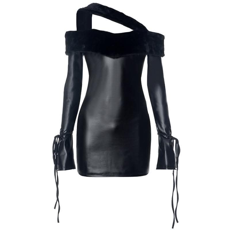 Long sleeve off shoulder PU leather furry solid mini dress-final-sale  | Festival Outfits Women
