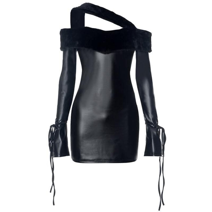 Long sleeve off shoulder PU leather furry solid mini dress-final-sale  | Festival Outfits Women