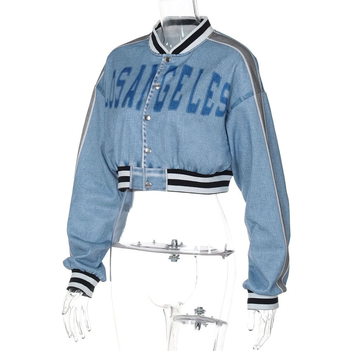 Long sleeve denim letter print patchwork button top  | Festival Outfits Women