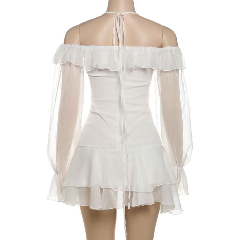 Halter off shoulder chiffon bowknot ruffle mini dress  | Festival Outfits Women