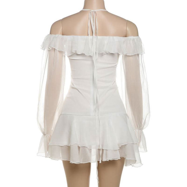 Halter off shoulder chiffon bowknot ruffle mini dress  | Festival Outfits Women