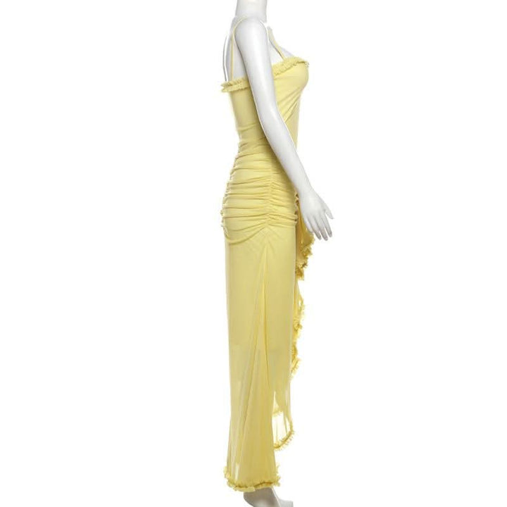 Mesh ruffle solid backless cami maxi dress  | Festival Outfits Women