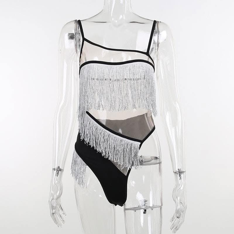 Irregular mesh see through tassels contrast backless cami bodysuit-final-sale  | Festival Outfits Women
