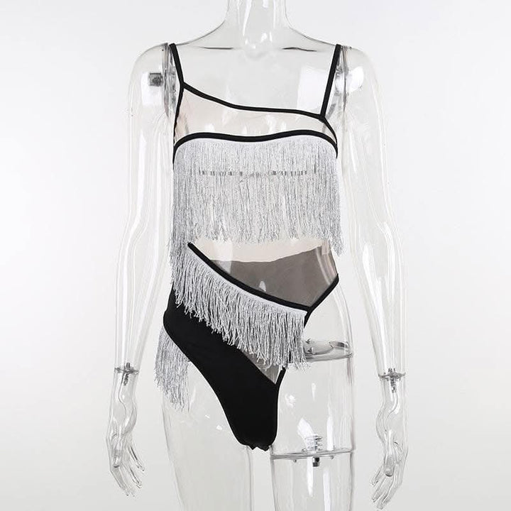 Irregular mesh see through tassels contrast backless cami bodysuit-final-sale  | Festival Outfits Women