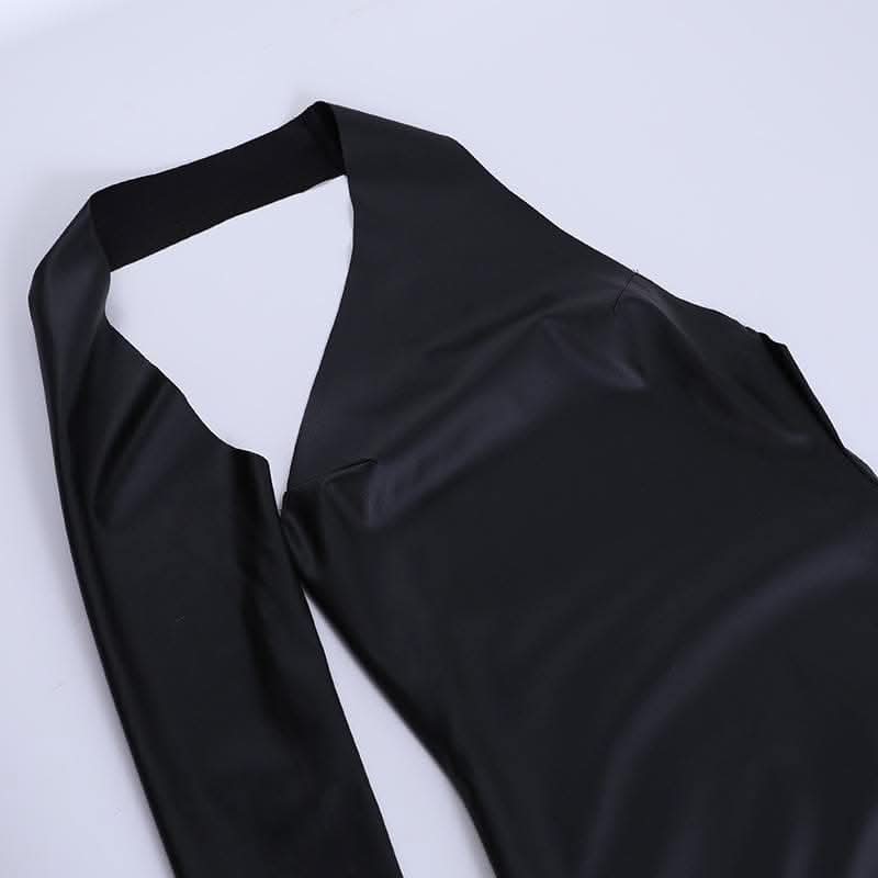 Gloves solid PU leather irregular one shoulder slit midi dress-final-sale  | Festival Outfits Women