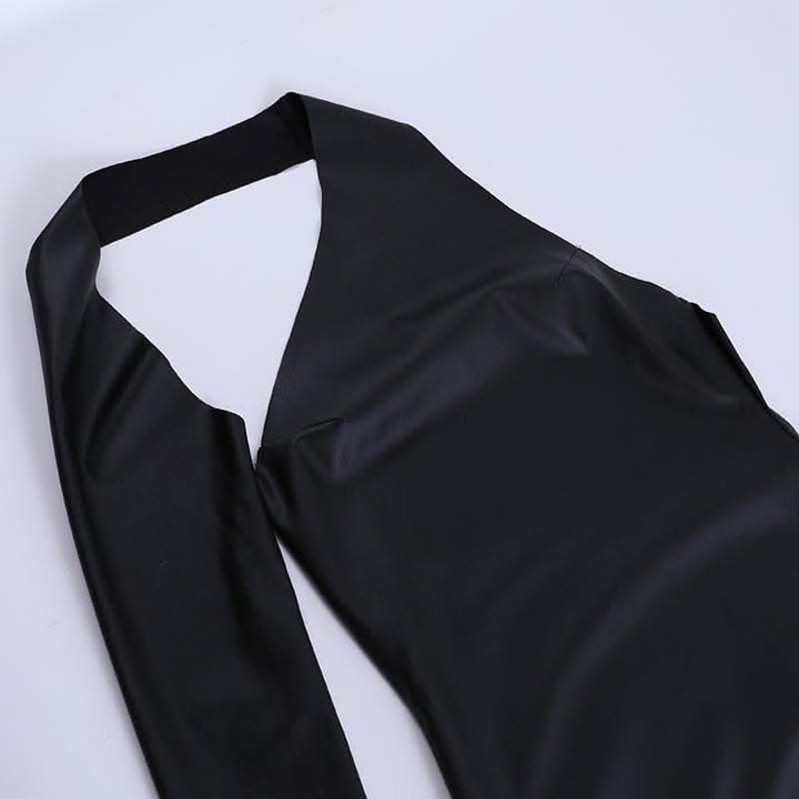 Gloves solid PU leather irregular one shoulder slit midi dress-final-sale  | Festival Outfits Women