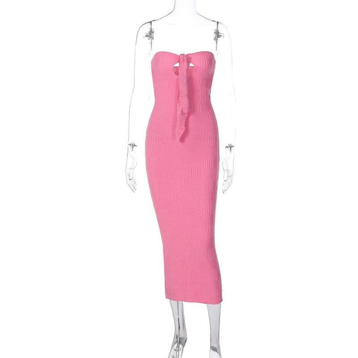 Hollow out knitted backless self tie solid textured tube cut out maxi dress-final-sale  | Festival Outfits Women