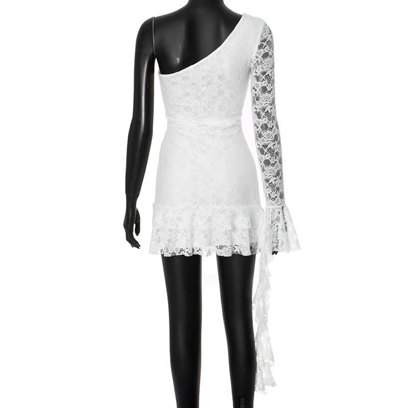 One shoulder long sleeve lace ruffle mini dress  | Festival Outfits Women