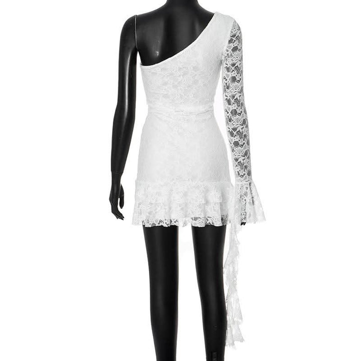 One shoulder long sleeve lace ruffle mini dress  | Festival Outfits Women