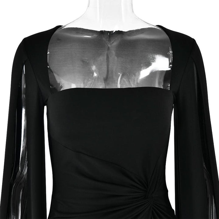 Long sleeve high slit square neck ruched maxi dress  | Festival Outfits Women