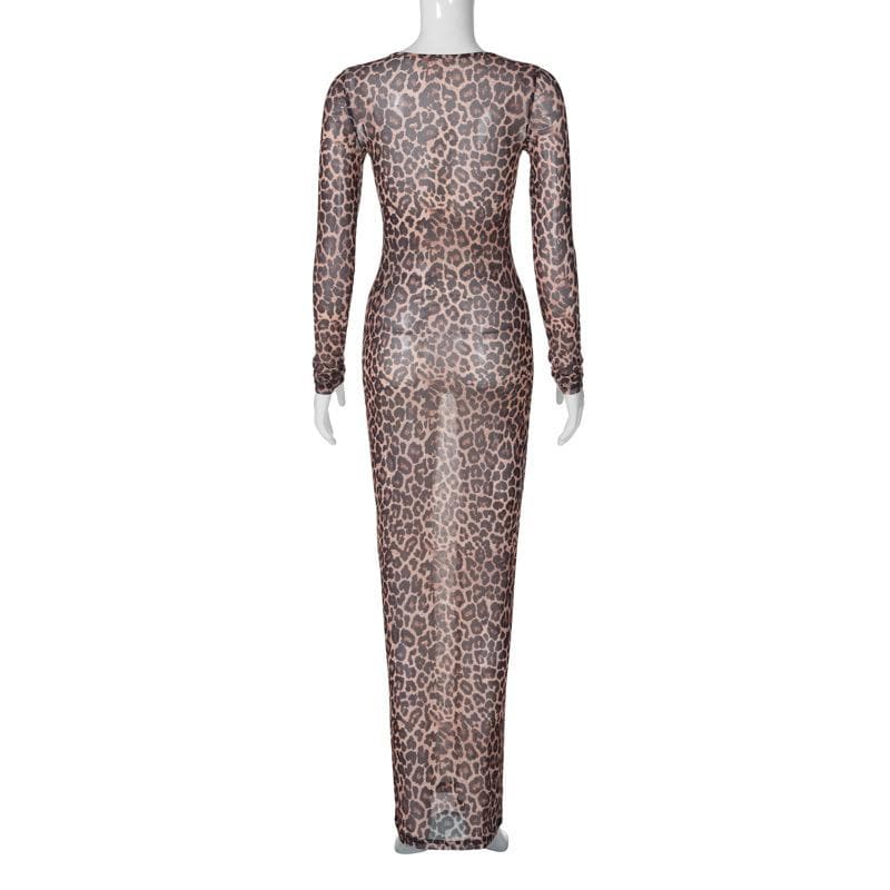 Long sleeve leopard print crewneck sheer mesh maxi dress  | Festival Outfits Women