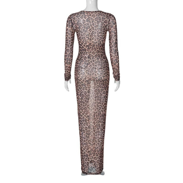 Long sleeve leopard print crewneck sheer mesh maxi dress  | Festival Outfits Women