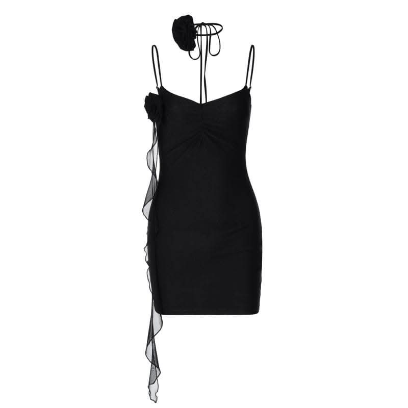 Flower applique solid backless v neck ribbon cami mini dress-final-sale  | Festival Outfits Women