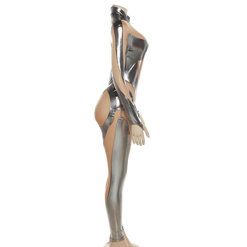 Metallic zip-up long sleeve gloves mesh patchwork high neck jumpsuit-final-sale