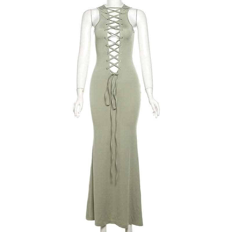 Deep v neck lace up solid tank maxi dress-final-sale  | Festival Outfits Women
