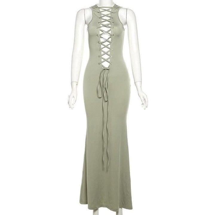 Deep v neck lace up solid tank maxi dress-final-sale  | Festival Outfits Women