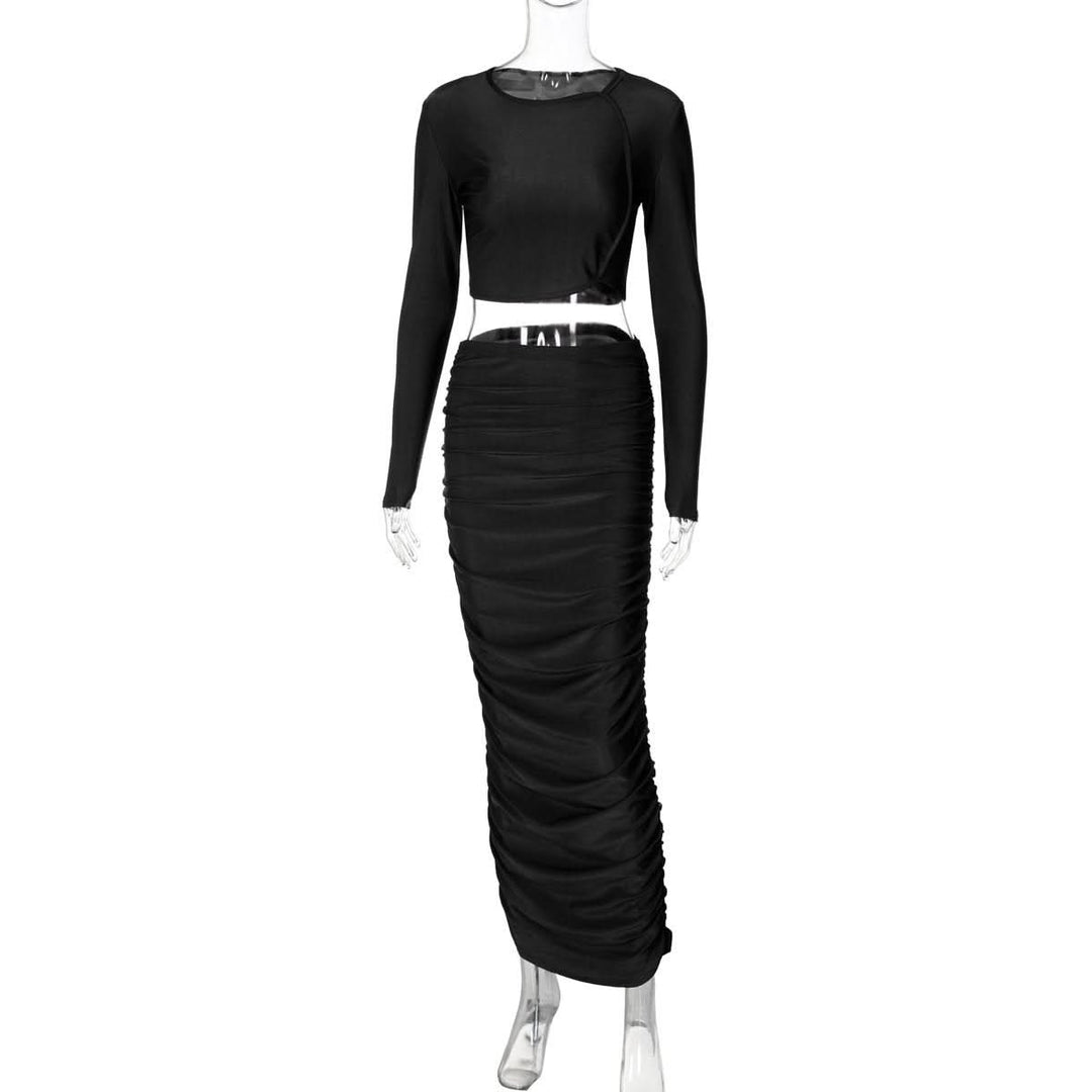 Long sleeve crewneck ruched crop maxi skirt set  | Festival Outfits Women
