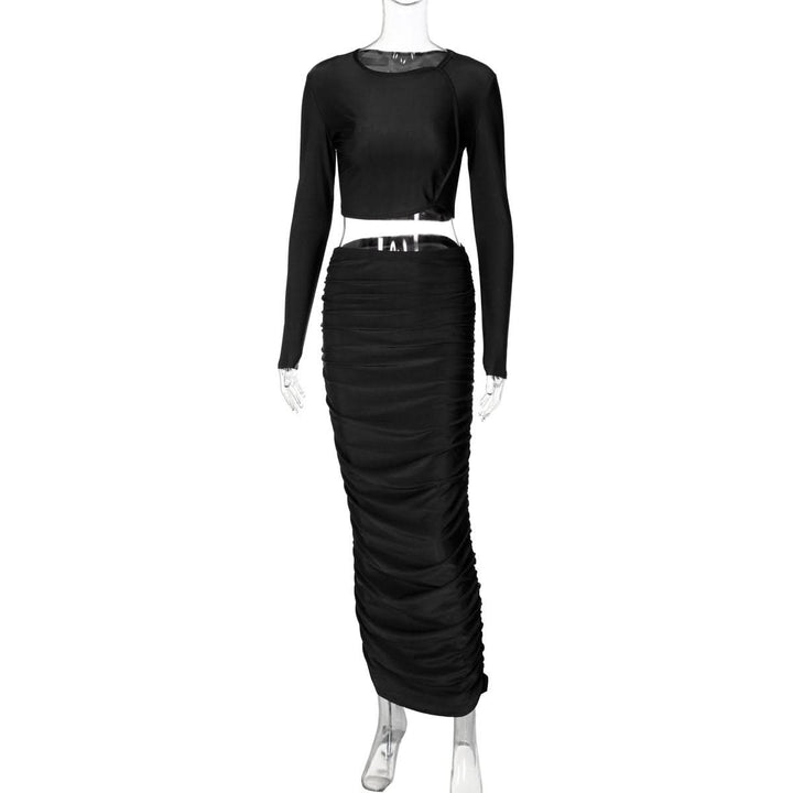 Long sleeve crewneck ruched crop maxi skirt set  | Festival Outfits Women