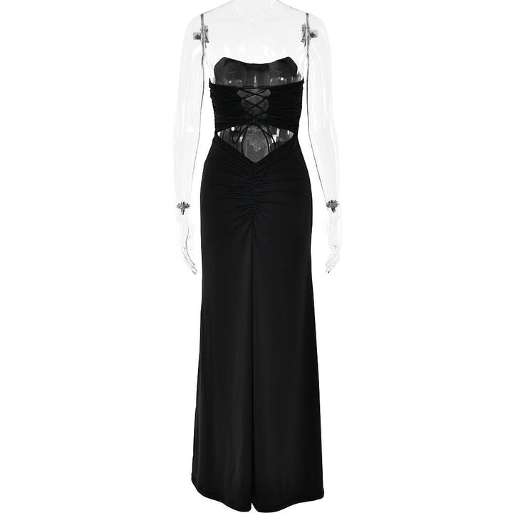 Ruched lace up backless hollow out tube cut out maxi dress  | Festival Outfits Women