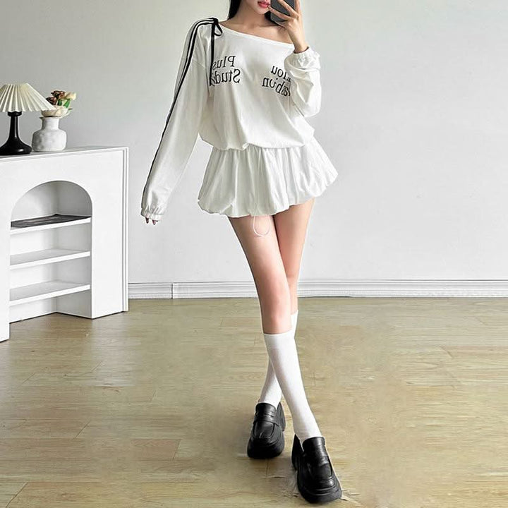 Irregular long sleeve ruched letter pattern mini dress  | Festival Outfits Women