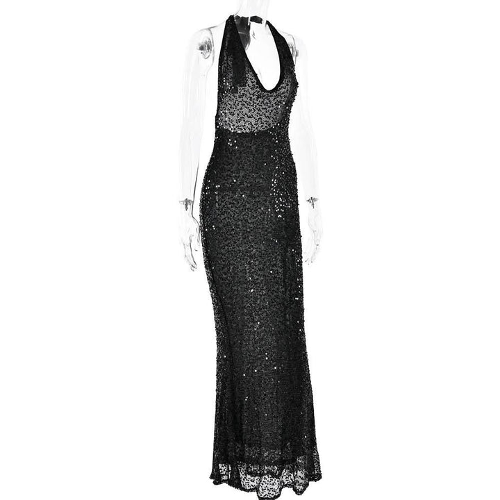 Halter self tie glitter u neck low cut backless maxi dress  | Festival Outfits Women
