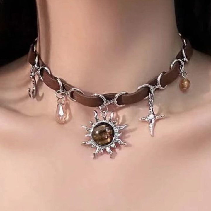 The sun moon cross o ring PU leather choker necklace  | Festival Outfits Women