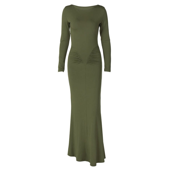 Long sleeve crewneck ruched solid maxi dress  | Festival Outfits Women