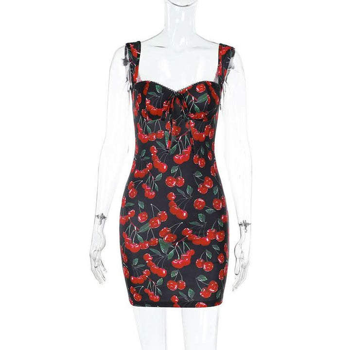 V neck cherry print backless mini dress  | Festival Outfits Women