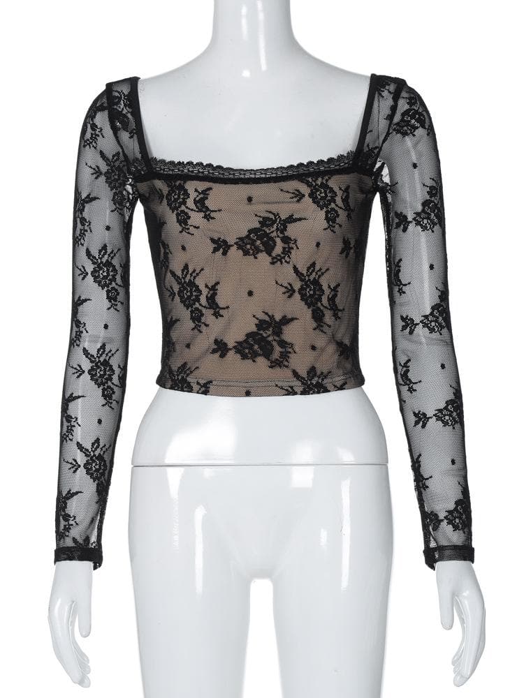 Long sleeve square neck lace patchwork top  | Festival Outfits Women