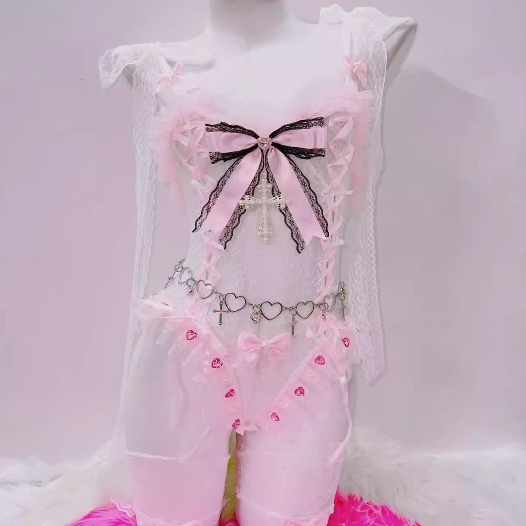 Bowknot lace hem padded v neck self tie mini skirt set  | Festival Outfits Women