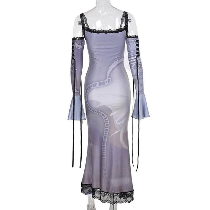Long flared sleeve off shoulder cross print lace cami maxi dress-final-sale  | Festival Outfits Women