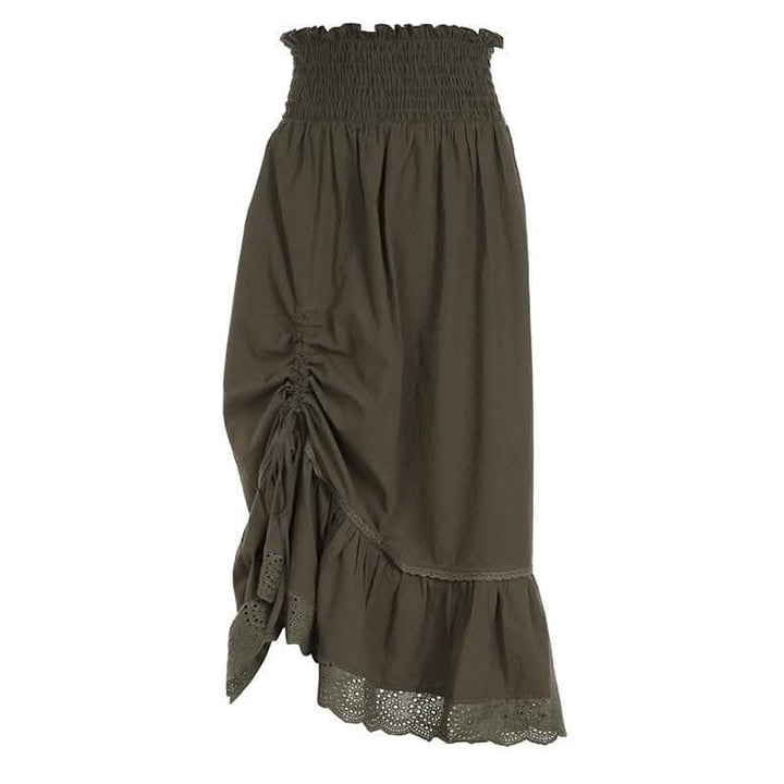 Drawstring solid lace hem smocked irregular midi skirt-final-sale  | Festival Outfits Women