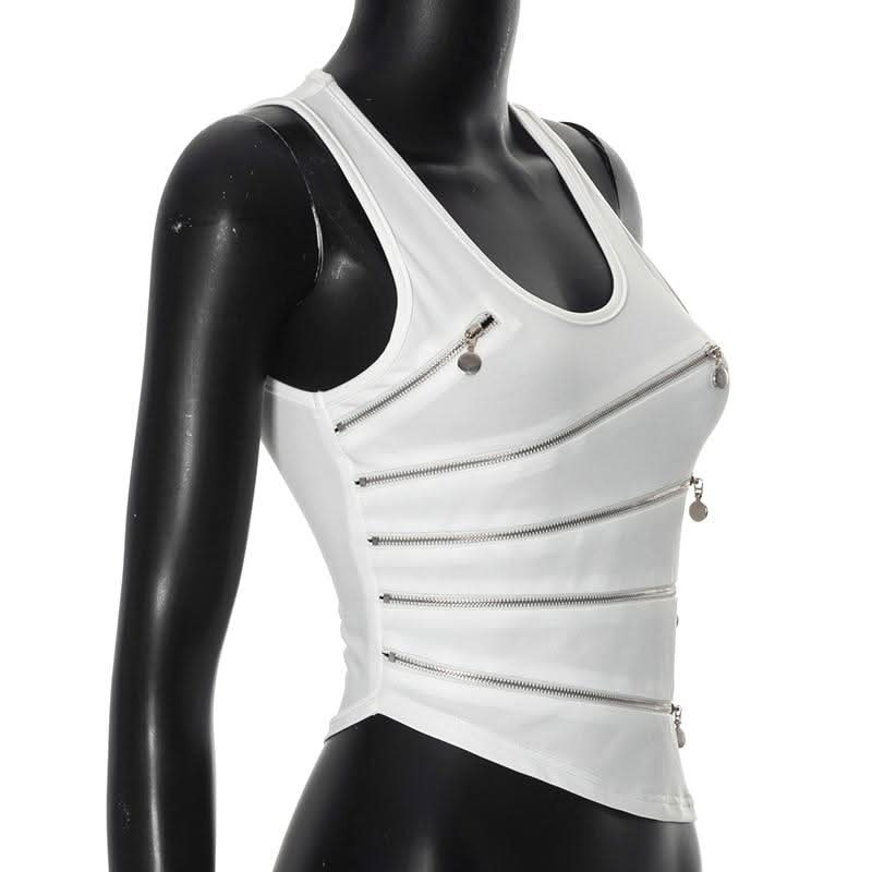 Zip-up hollow out u neck irregular solid cut out top-final-sale