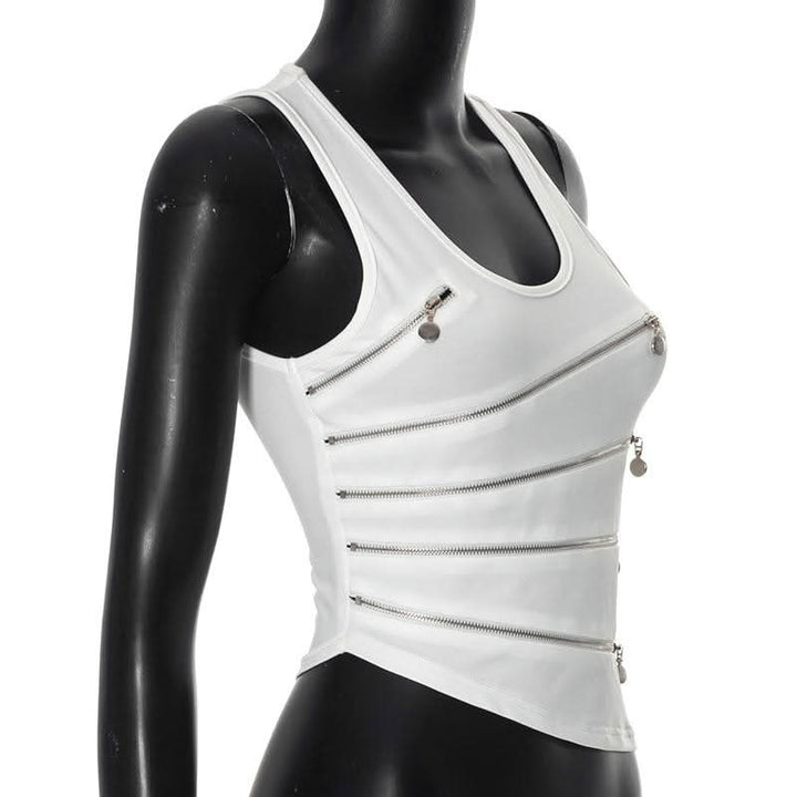 Zip-up hollow out u neck irregular solid cut out top-final-sale