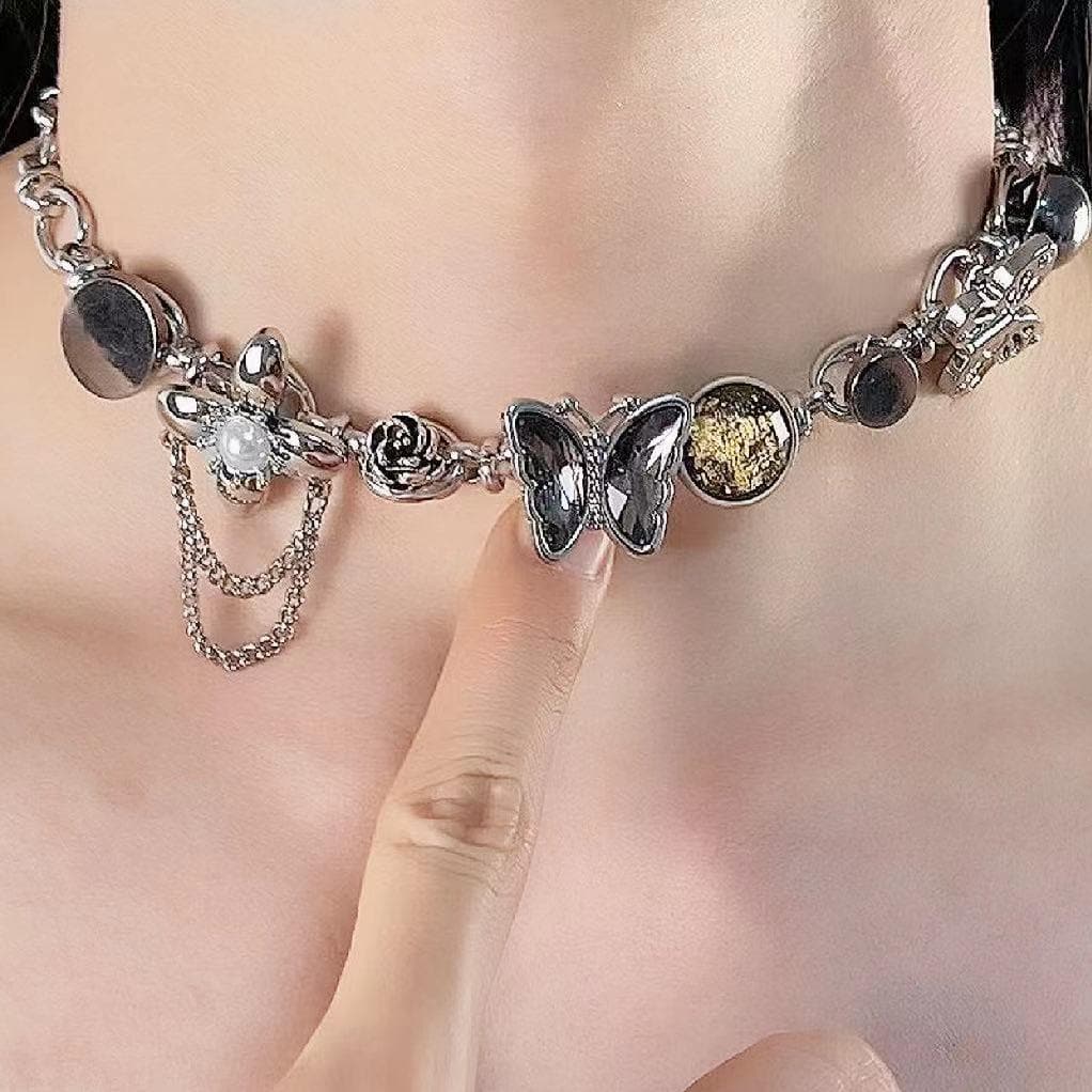 Butterfly rhinestone metal chain choker necklace  | Festival Outfits Women