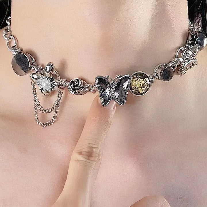 Butterfly rhinestone metal chain choker necklace  | Festival Outfits Women