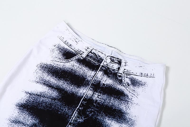Contrast denim print slit backless tube maxi skirt set-final-sale  | Festival Outfits Women