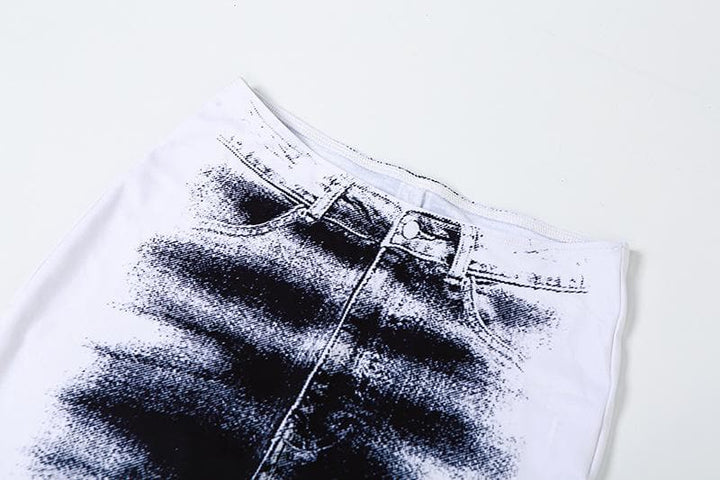 Contrast denim print slit backless tube maxi skirt set-final-sale  | Festival Outfits Women