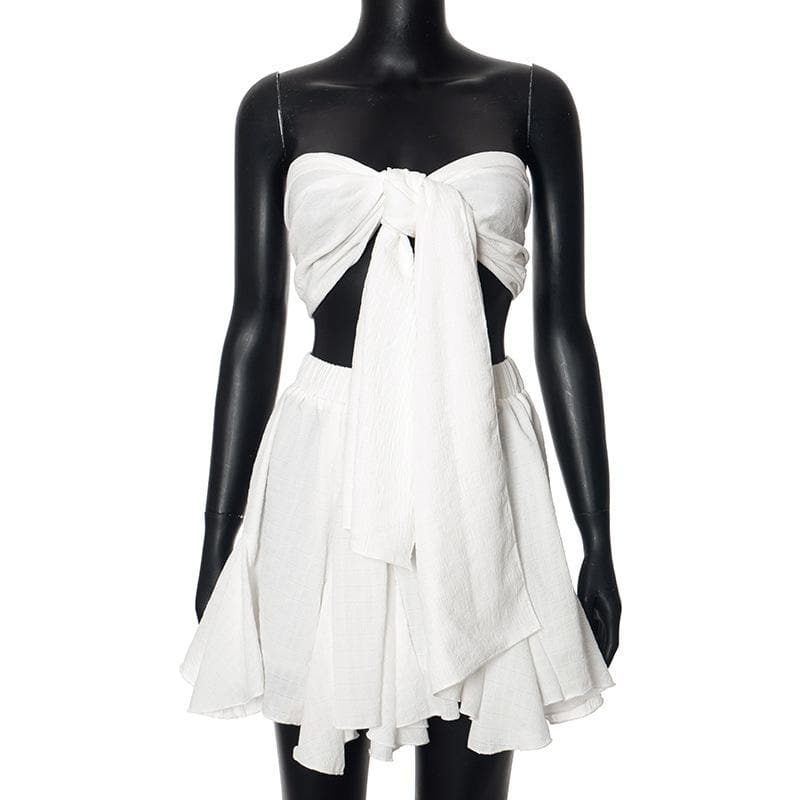 Ruffle textured bowknot tube mini skirt set  | Festival Outfits Women