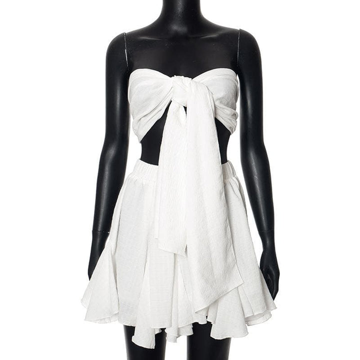 Ruffle textured bowknot tube mini skirt set  | Festival Outfits Women