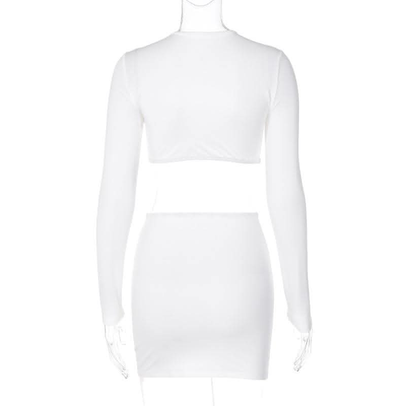 Knotted hollow out solid ruched long sleeve mini skirt set-final-sale  | Festival Outfits Women