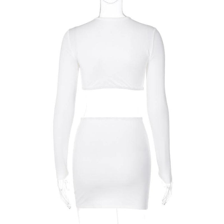 Knotted hollow out solid ruched long sleeve mini skirt set-final-sale  | Festival Outfits Women