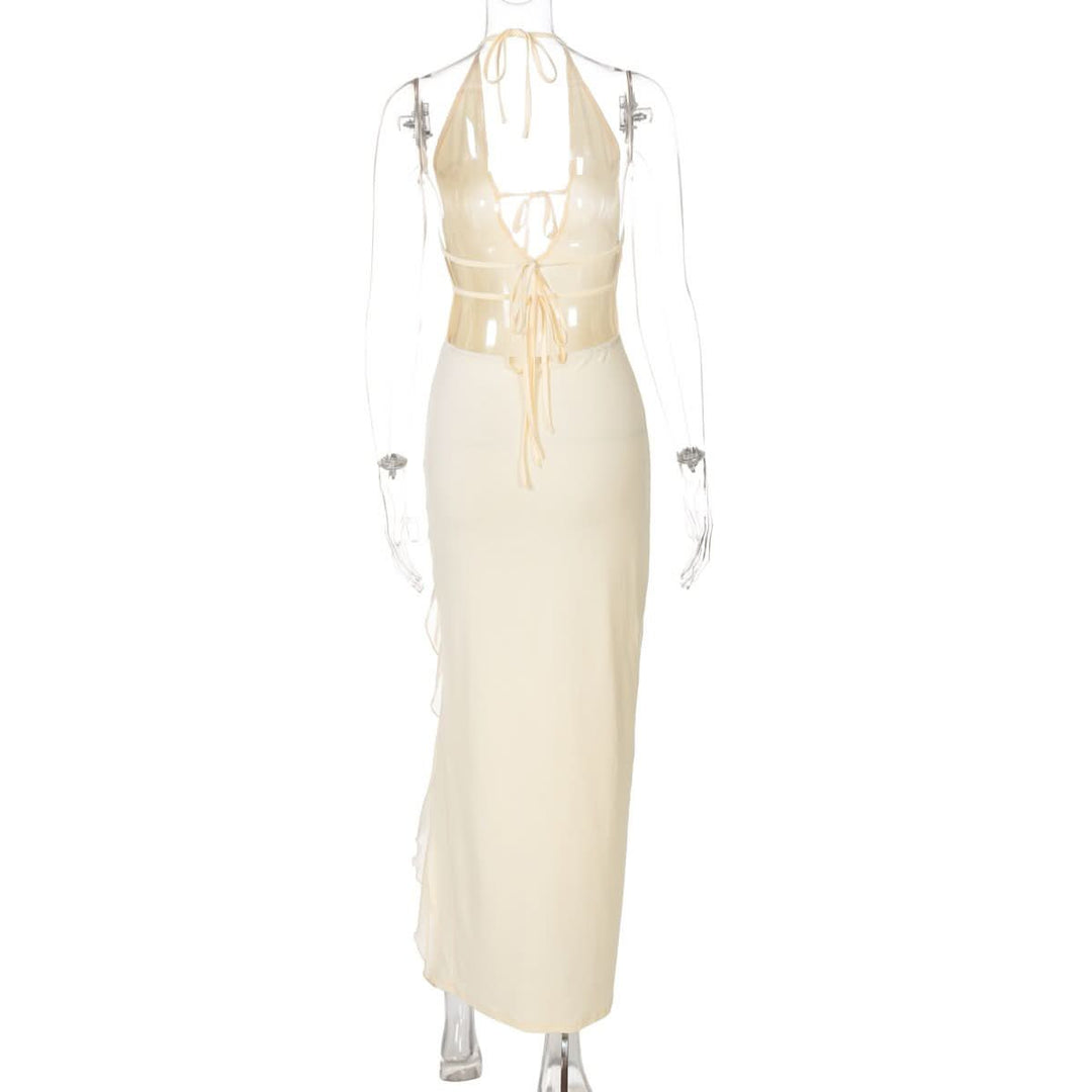 Slit halter self tie v neck ruffle solid maxi dress  | Festival Outfits Women