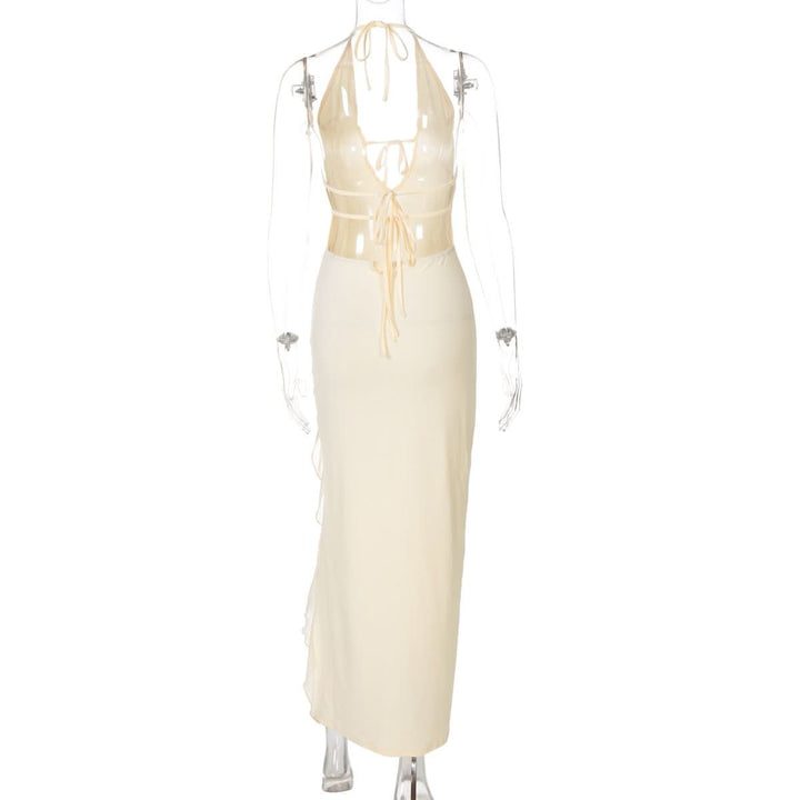 Slit halter self tie v neck ruffle solid maxi dress  | Festival Outfits Women