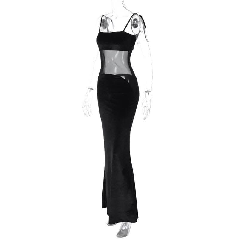 Self tie mesh patchwork backless velvet solid cami maxi dress-final-sale  | Festival Outfits Women