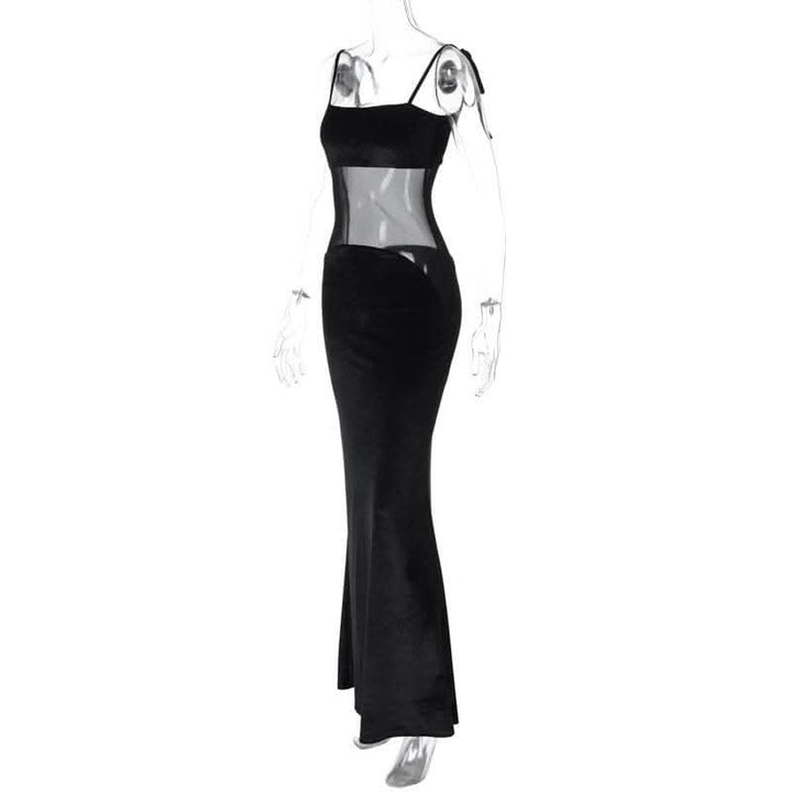 Self tie mesh patchwork backless velvet solid cami maxi dress-final-sale  | Festival Outfits Women