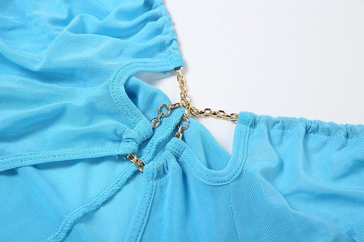 Metal chain halter ruched sheer mesh hollow out cut out maxi dress  | Festival Outfits Women